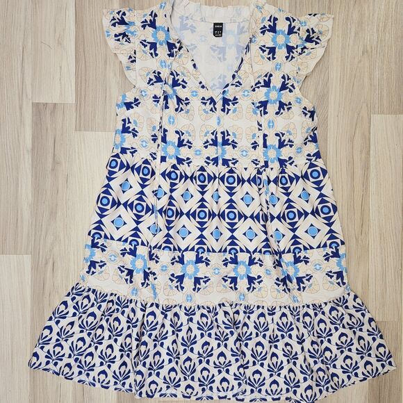 SHEIN Women Cream Blue Floral Damask Dress Size Small - Picture 2 of 6